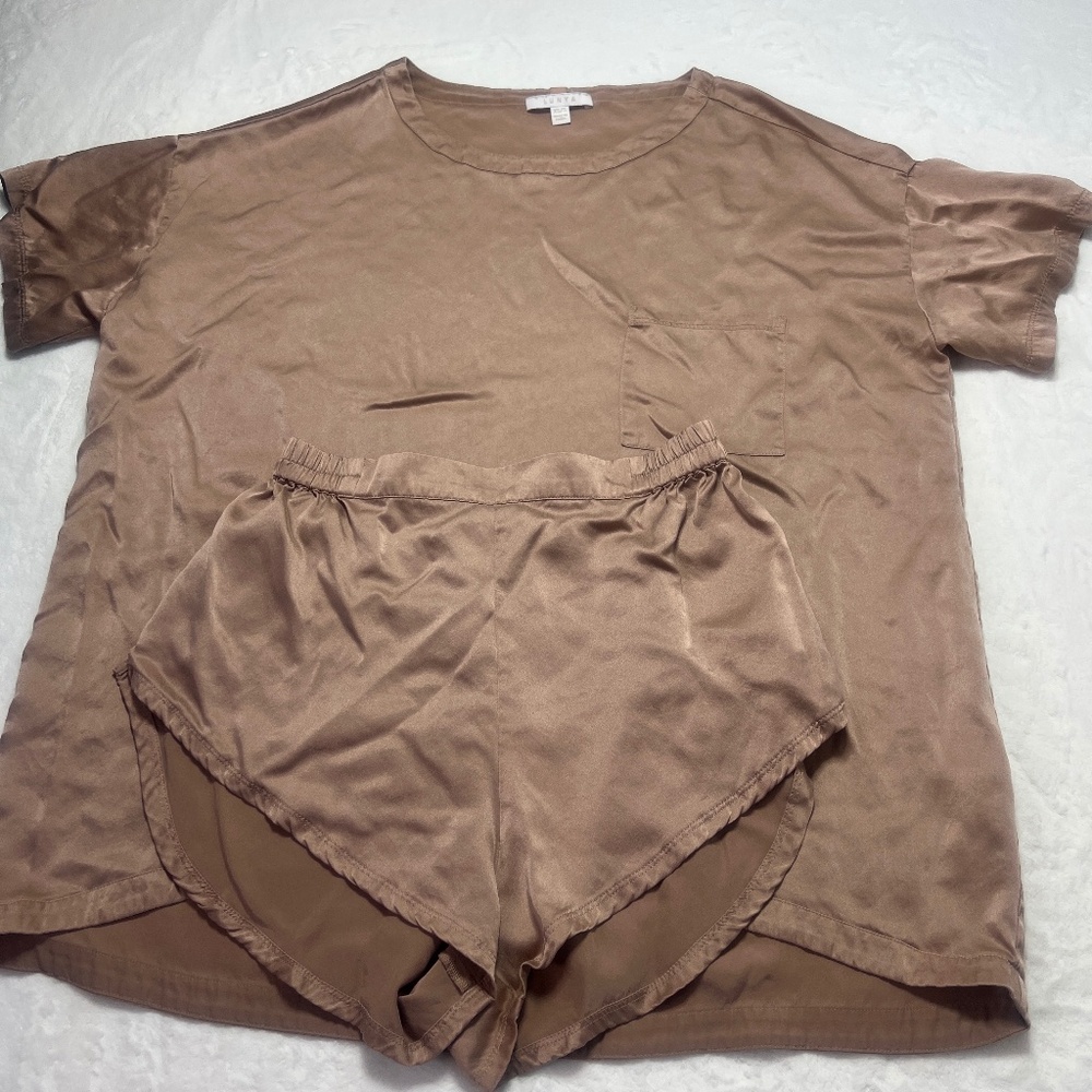 lunya Satin Short Sleeve Pajama Set in Light Brown